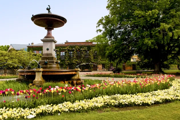Fountain at Lundagård with flowers around its edge