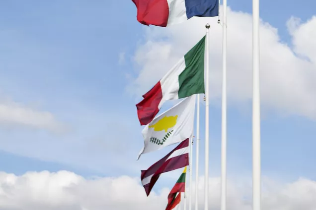 Several flags on poles with a blue and clowdy sky behind them (photo by Johan Persson)