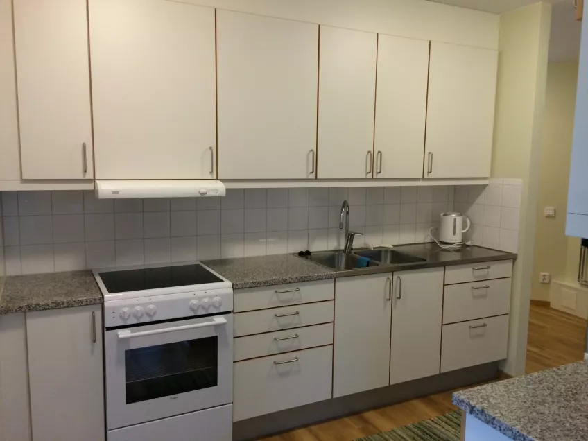 Overview of a kitchen at the housing area Bautastenen showing a stone counter, a stove, a double sink, and top and bottom cabinets. Photo by LU Accommodation.