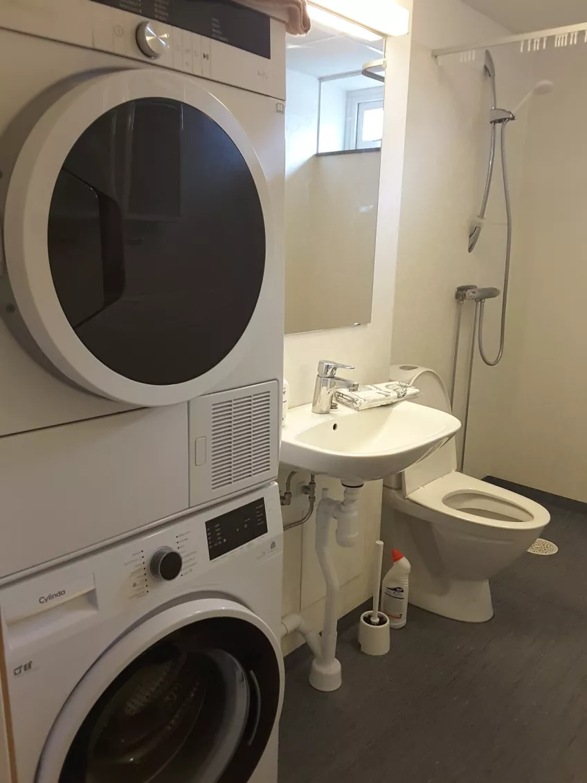 Overview in bathroom (apartment 4L) at housing area Bautastenen showing the tumble drier and washing machine to the left, sink in the middle, and toilet and shower to the right.