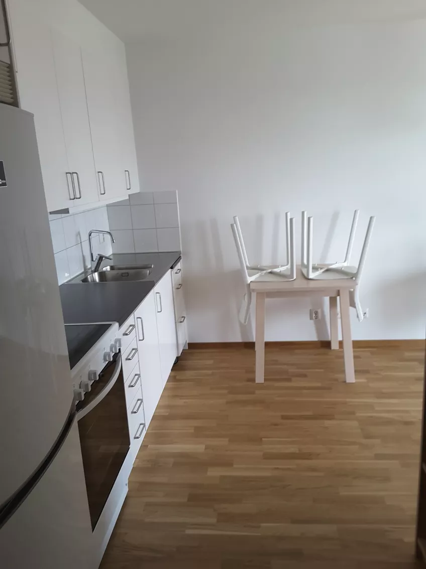 Overview of the livingroom showing the kitchenett in apartment 1402 at the housing area Sofieberg showing the refrigerator/freezer, cooker, and cooking area to the left and kitchen table with chairs in the middle (picture)