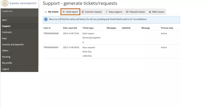 A picture of the fault report page