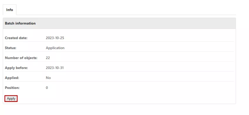 Picture of the batch information and 'Apply' button